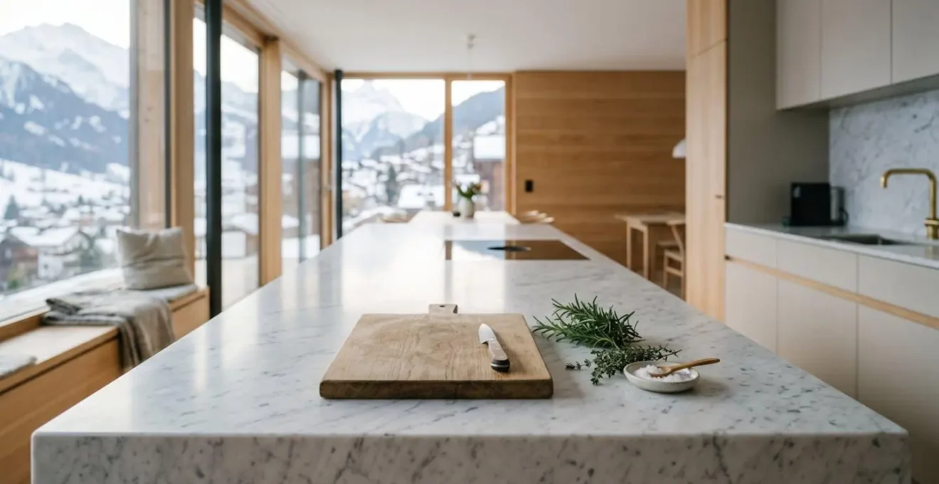 Plan de travail en marbre de Carrare blanc veiné dans une cuisine contemporaine suisse