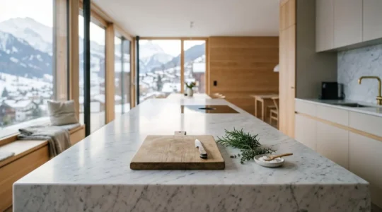 Plan de travail en marbre de Carrare blanc veiné dans une cuisine contemporaine suisse