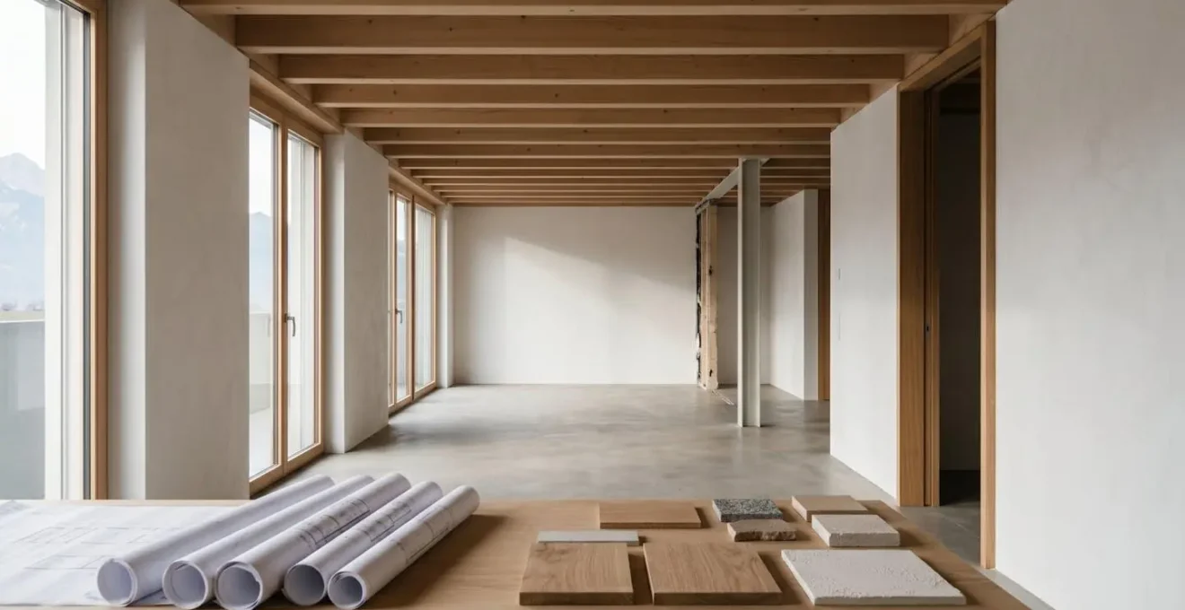 Espace de vie suisse contemporain en cours de transformation architecturale avec matériaux naturels et lumière douce