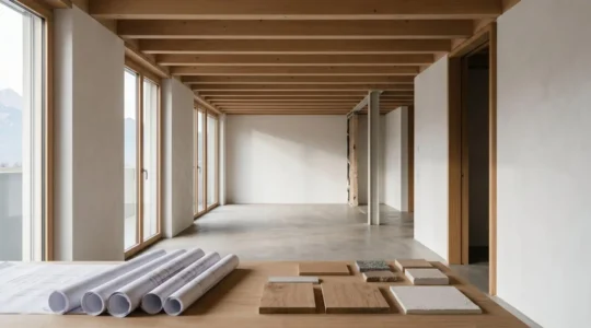 Espace de vie suisse contemporain en cours de transformation architecturale avec matériaux naturels et lumière douce