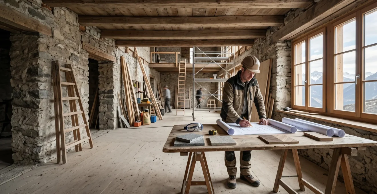 Professionnel du bâtiment supervisant un chantier de rénovation avec plans et équipements sur table de travail en Suisse