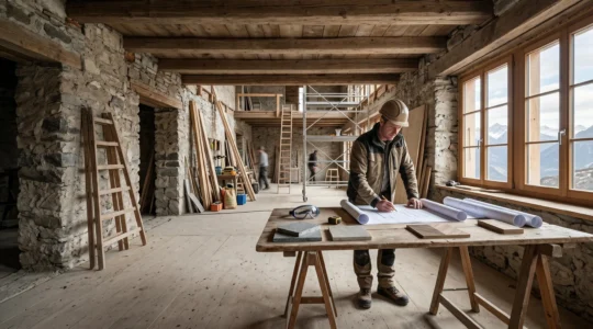 Professionnel du bâtiment supervisant un chantier de rénovation avec plans et équipements sur table de travail en Suisse