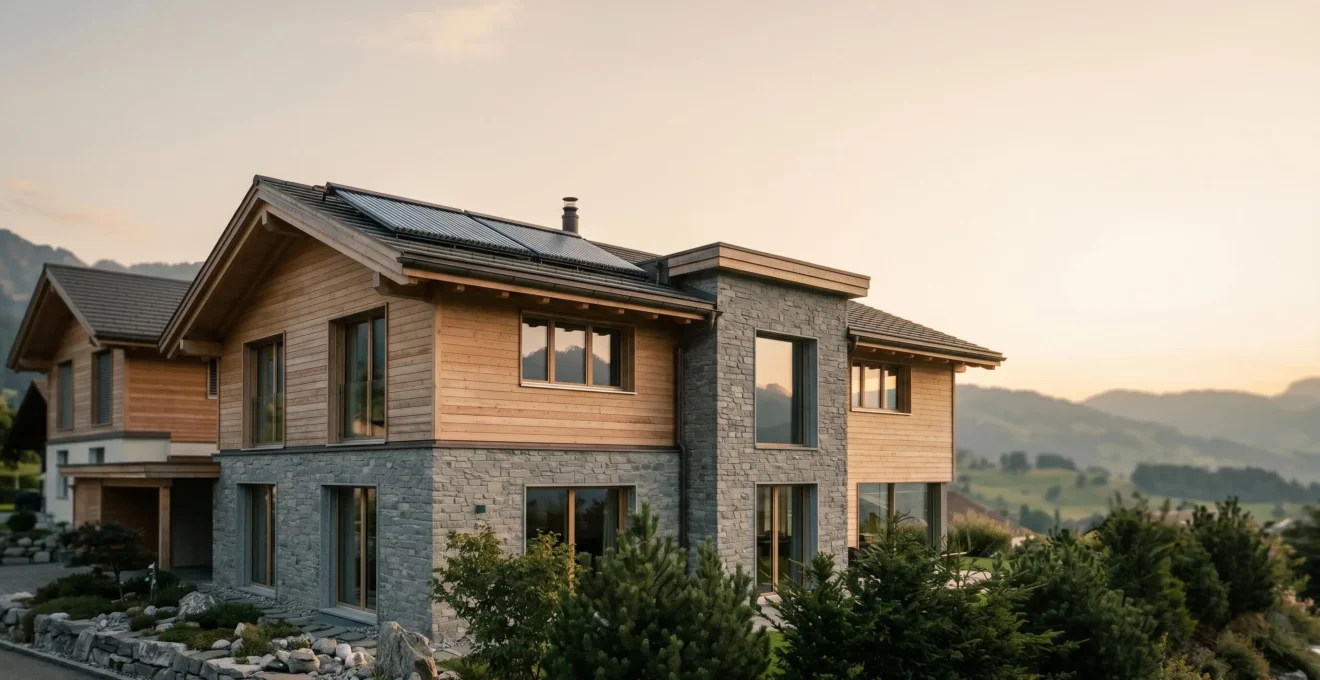 Vue d'ensemble d'une maison moderne suisse avec équipements d'efficacité énergétique, illustrant les économies d'énergie accessibles