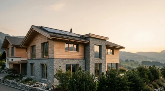 Vue d'ensemble d'une maison moderne suisse avec équipements d'efficacité énergétique, illustrant les économies d'énergie accessibles