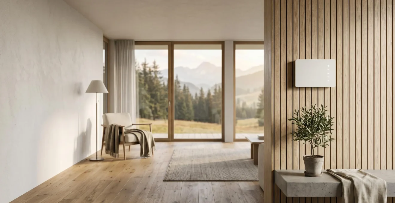 Thermostat intelligent moderne avec interface numerique dans un interieur suisse contemporain