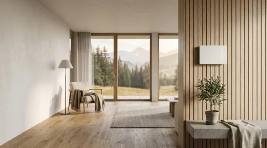 Thermostat intelligent moderne avec interface numerique dans un interieur suisse contemporain