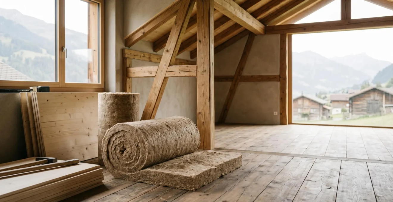 Chantier de rénovation avec matériaux isolants naturels et outils de construction dans un intérieur suisse