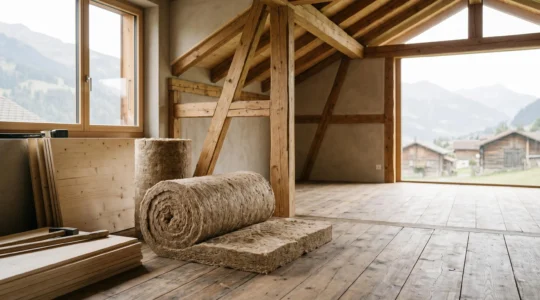 Chantier de rénovation avec matériaux isolants naturels et outils de construction dans un intérieur suisse