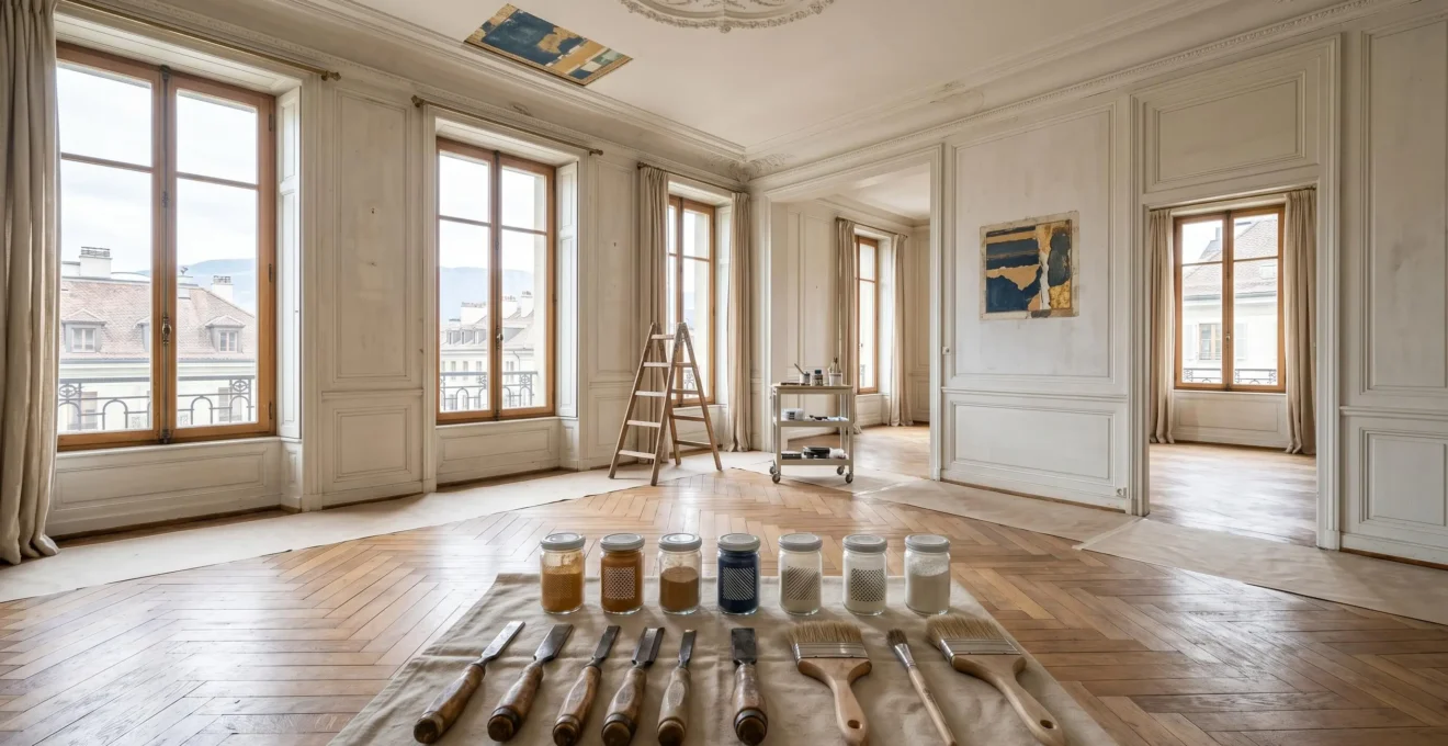 Intérieur d'un appartement historique suisse en cours de restauration avec éléments patrimoniaux préservés