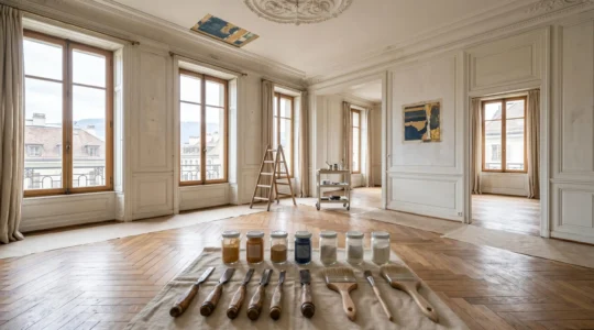 Intérieur d'un appartement historique suisse en cours de restauration avec éléments patrimoniaux préservés