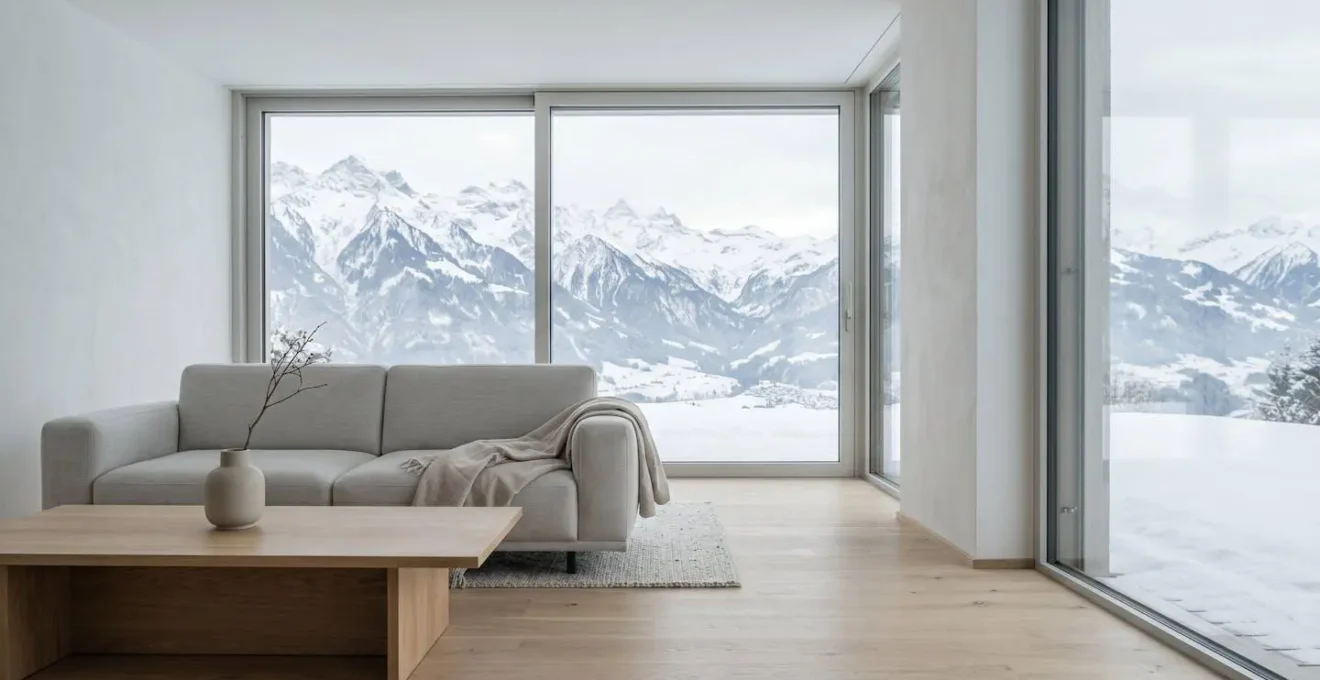 Séjour lumineux en Suisse avec grande baie vitrée en hiver, lumière naturelle optimale et ambiance chaleureuse