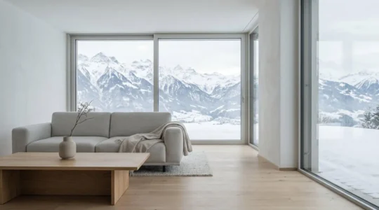 Séjour lumineux en Suisse avec grande baie vitrée en hiver, lumière naturelle optimale et ambiance chaleureuse