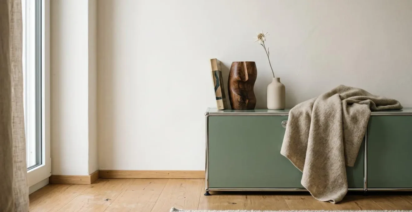 Composition minimaliste et chaleureuse d'un intérieur suisse personnalisé avec détails artisanaux et matériaux authentiques