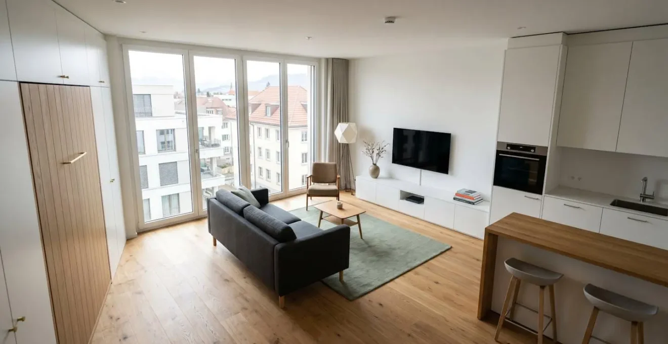 Studio contemporain suisse de 30 m² optimisé avec meubles multifonctions et espaces transformables