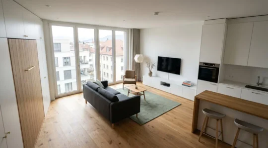Studio contemporain suisse de 30 m² optimisé avec meubles multifonctions et espaces transformables