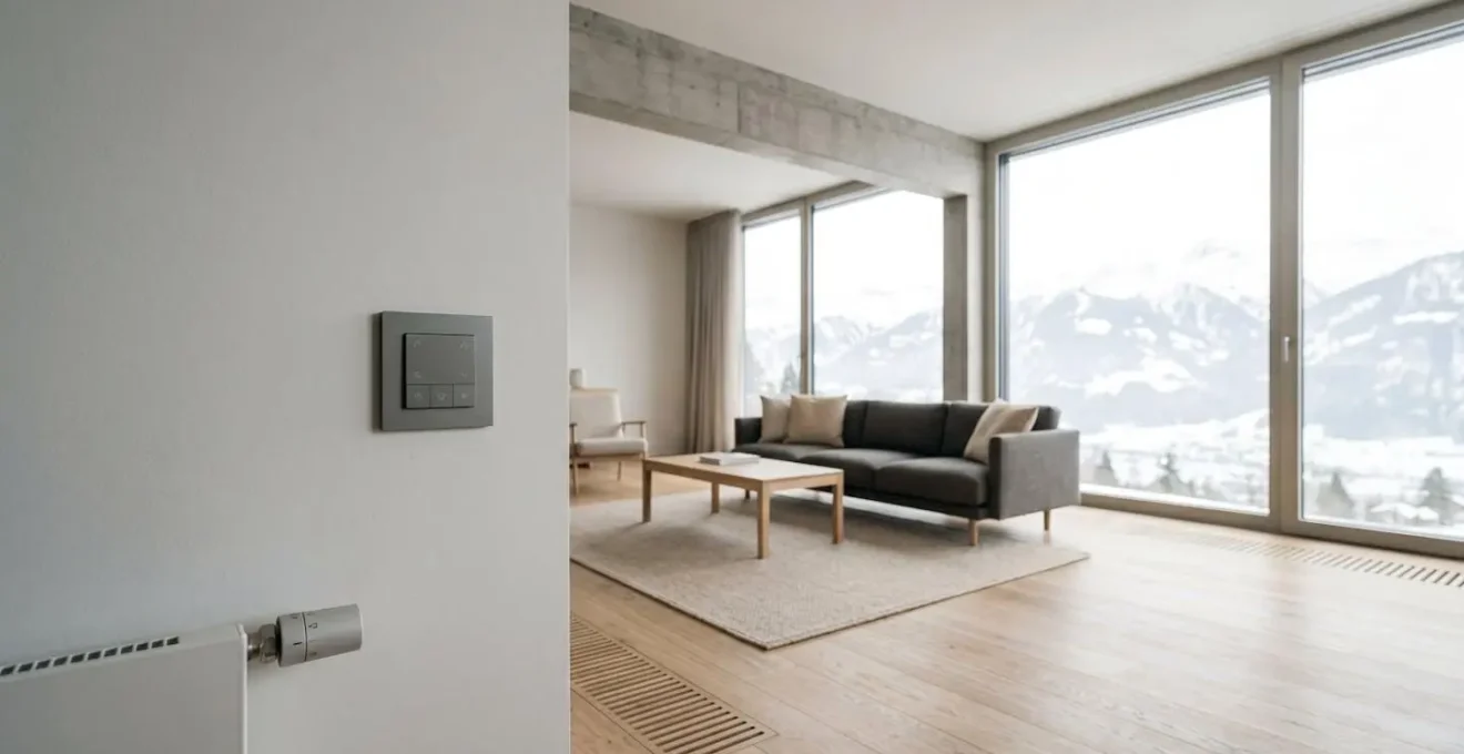 Intérieur moderne d'une maison suisse avec système de chauffage intelligent et panneaux de contrôle domotique