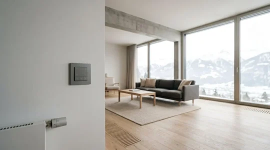 Intérieur moderne d'une maison suisse avec système de chauffage intelligent et panneaux de contrôle domotique