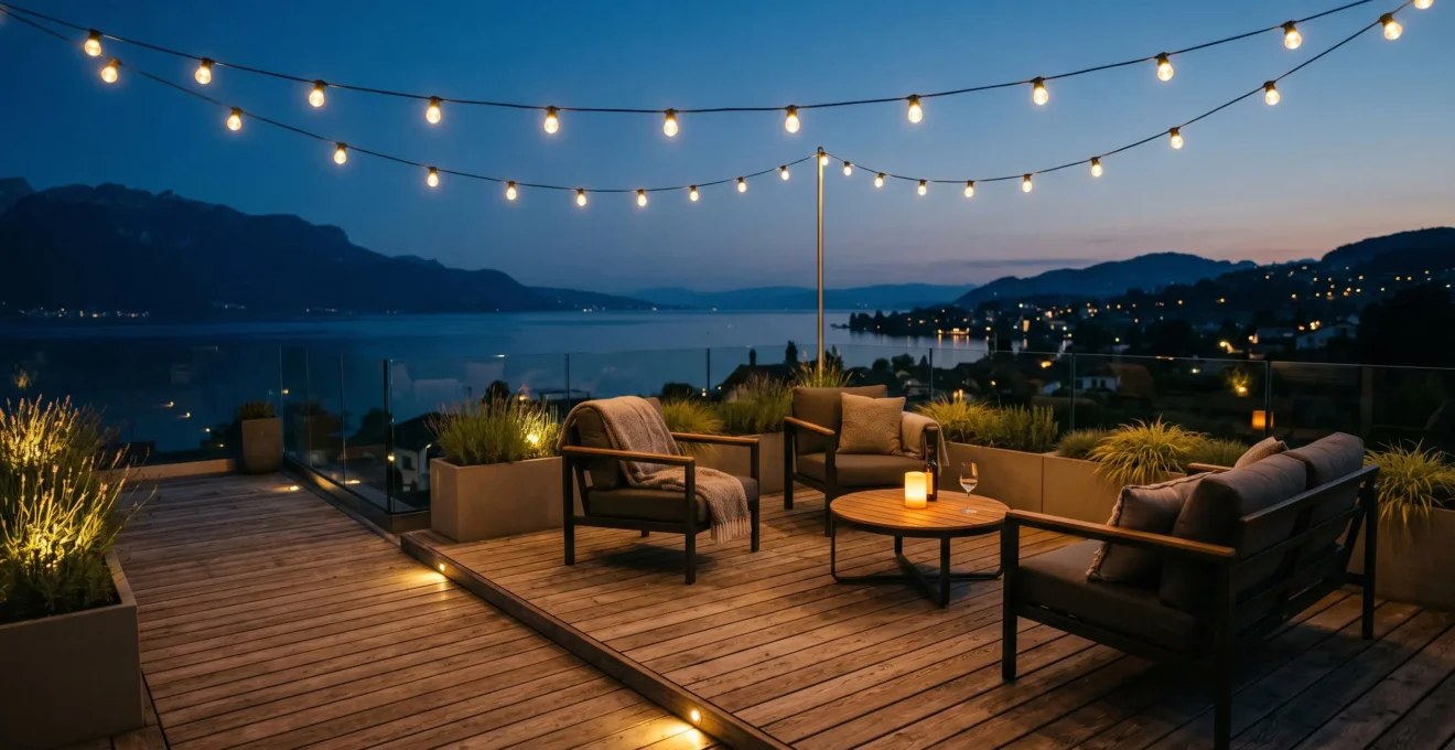 Terrasse suisse de 35 m² élégamment éclairée à la nuit tombée avec superposition de sources lumineuses créant une ambiance lounge chaleureuse