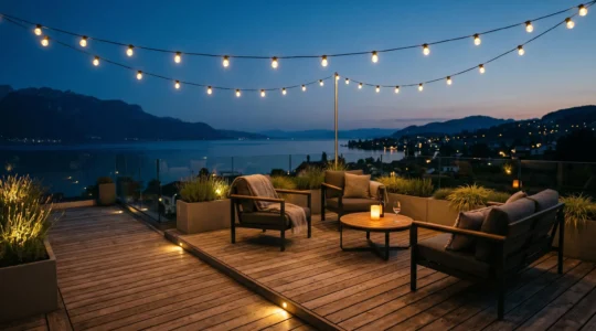 Terrasse suisse de 35 m² élégamment éclairée à la nuit tombée avec superposition de sources lumineuses créant une ambiance lounge chaleureuse