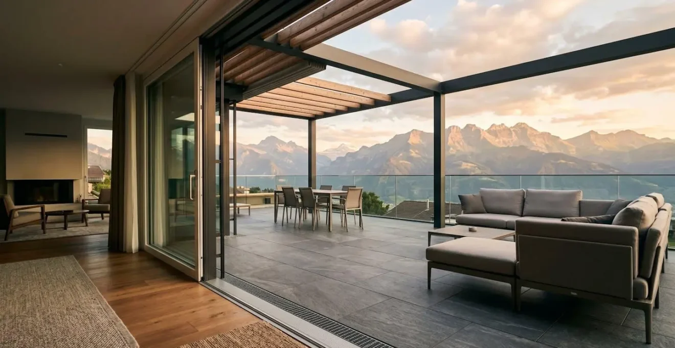 Terrasse moderne avec vue sur les Alpes suisses, aménagée pour une utilisation prolongée d'avril à octobre