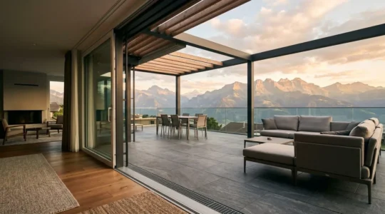 Terrasse moderne avec vue sur les Alpes suisses, aménagée pour une utilisation prolongée d'avril à octobre