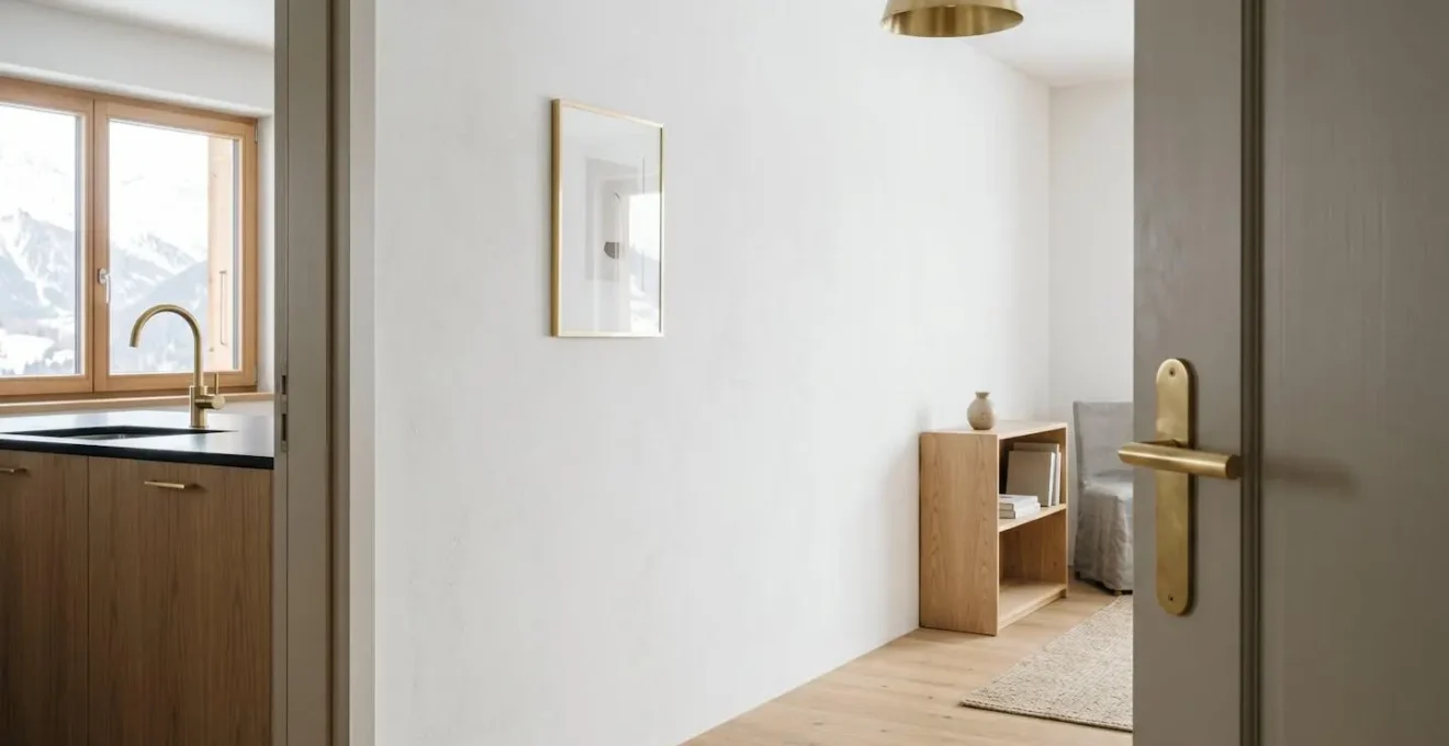 Détail d'accessoires en laiton brossé intégrés avec élégance dans un intérieur minimaliste aux tons neutres