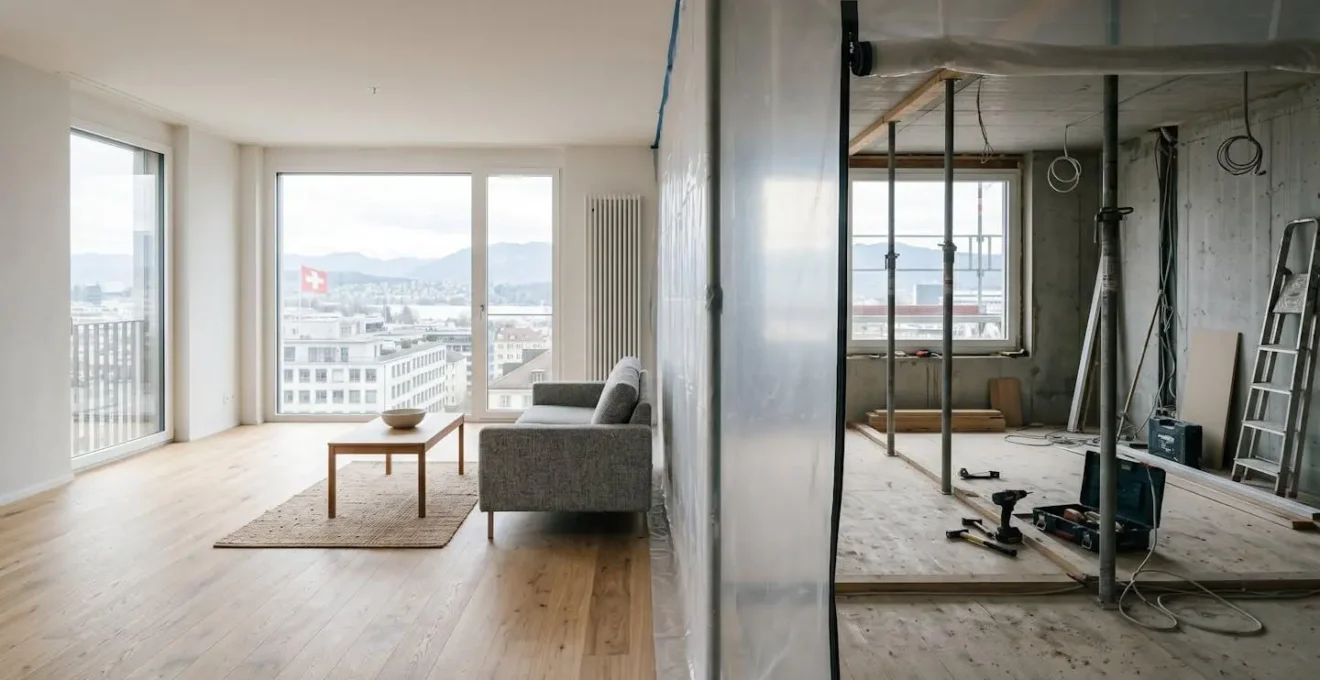 Espace de vie moderne divisé en zones pendant une rénovation d'appartement