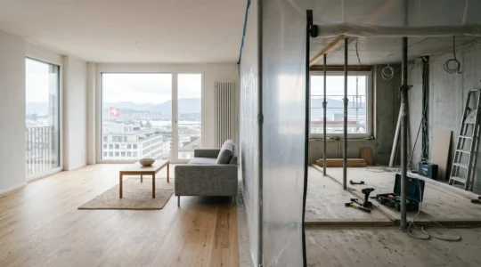 Espace de vie moderne divisé en zones pendant une rénovation d'appartement